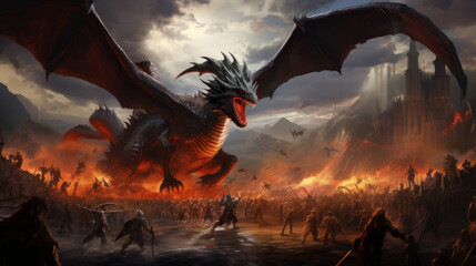 A epic middle age battle with knights and dragons