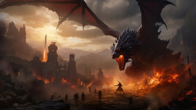 A epic middle age battle with knights and dragons