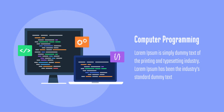 Software development, Application development, Computer programming, Website coding, Web development services. Vector illustration banner.