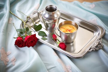 silver tray with coffee cup and roses over silk sheet