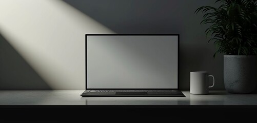 Side view of a laptop with a rectangular foldable display near an empty white mug.