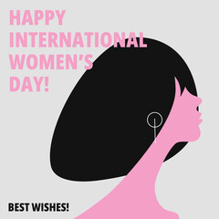 Isolated flat vector postcard for 8 march. International women's day. Women's hairstyles and portraits. Pink, white and black women colors. Trendy design set.