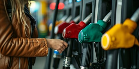 Woman's hand filling up car at gas station pump. Professional image. - obrazy, fototapety, plakaty