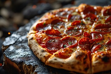 Sizzling pepperoni pie baked in a charcoal oven, set against a dark backdrop with professional lighting. Emphasizing food and delivery with cutting-edge AI technology.
