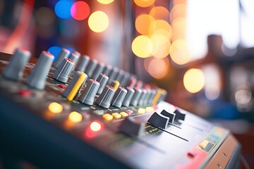 close-up of colored led lights blinking on an audio mixer