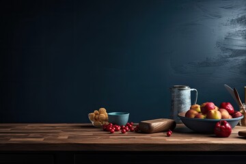 Dark blue wall in the room and an empty wooden tabletop