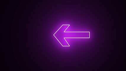 Flashing neon icon to the left arrow. Abstract neon purple arrow icon. Neon light left arrow sign on black background. neon left arrow sign. purple color arrow points to the left.
