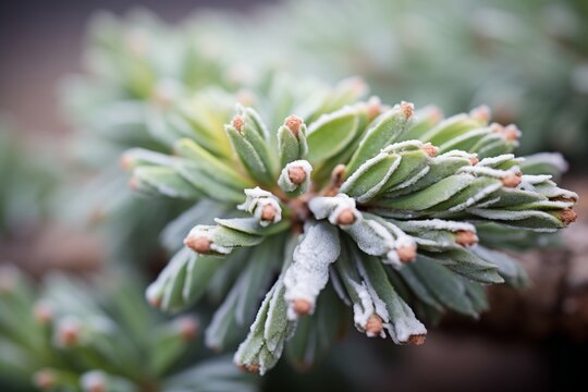 close-up of a juniper bonsais frosted leaves