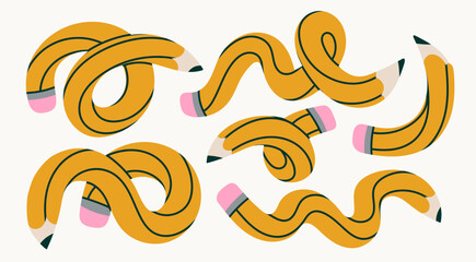 Set of yellow Pencils in various conditions. Twisted, bended, curved pencil. Back to school, teacher's day concept. Design templates. Abstract modern style. Hand drawn Vector illustration
