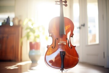 a beautifully varnished cello standing upright in sunlight