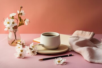 Obraz na płótnie Canvas comfortable home dcor for spring. On a pink background, a porcelain cup with flowers and a blank sheet of paper. Good morning, idea