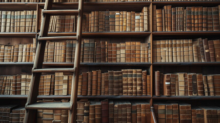 Vintage Library Panorama with Wooden Ladder and Aged Books - Classic Literature, Historical Archives, and Intellectual Heritage Concept