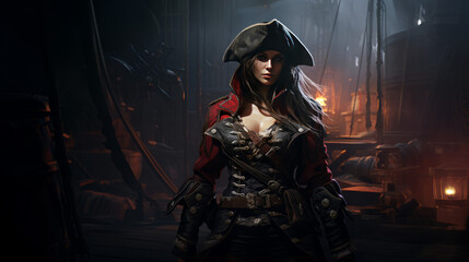 A mighty female pirate in red colors, halloween motive	