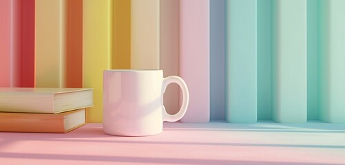 Fototapeta na wymiar White mug on a table with pastel-colored books, oblique angle.