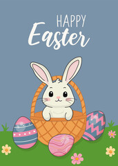 Greeting card with Cute rabbit in a basket with eggs on green garden. Congratulations and gifts for Easter