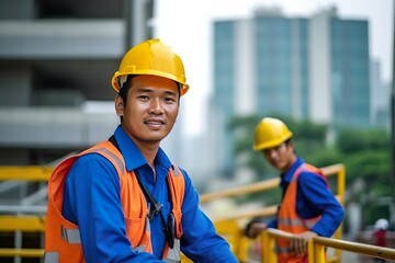 close up of construction worker on the site - obrazy, fototapety, plakaty