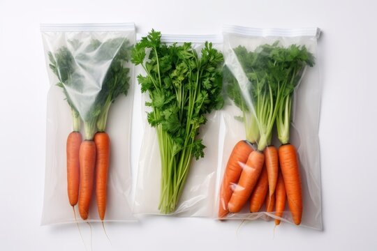 Reusable eco friendly bag with fresh carrots against celery in cellophane plastic package on white background. Zero waste grocery shopping. Ban plastic. Choose plastic free.