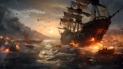 A epic pirate battle  on the high seas - obrazy, fototapety, plakaty