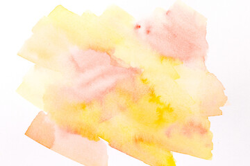 Abstract yellow background. Watercolor blots, lines, dots and brush strokes on white paper, print pattern for postcard or clothing