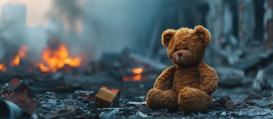 A teddy bear toy on the ruins of a city destroyed by war conflict. AI generated images - obrazy, fototapety, plakaty