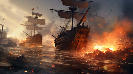 A epic pirate battle  on the high seas - obrazy, fototapety, plakaty