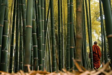monk walking through a bamboo grove with tall stalks
