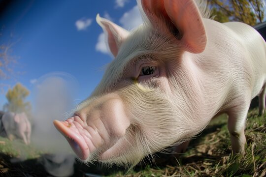 fisheye photo of a pigs profile with steam from its breath visible
