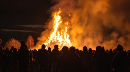 Walpurgis Night Bonfire. Silhouetted Crowd at Bonfire Night.  Walpurgis Night