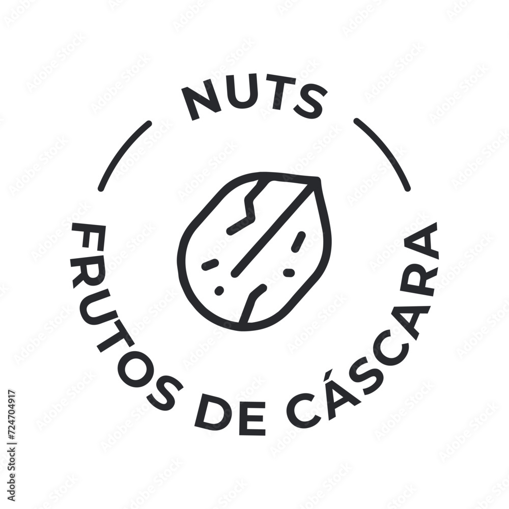 Wall mural Simple. Isolated Vector Logo Badge Ingredient Warning Label. Allergens icons. Food Intolerance Nuts. Written in Spanish and English