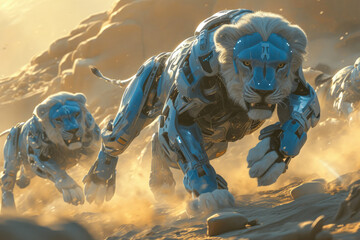 Den of the Future: Blue and Silver Cyber Lions at Watch - obrazy, fototapety, plakaty