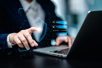 Businesswomen login with fingerprint scanning access technology biometrics identification, Authentication security systems, cyber security concepts.