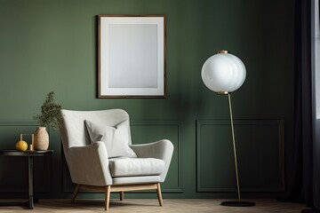 Blank frames, a grey chair, and a lamp are placed near a green wall