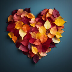 Colorful autumn leaves arranged in a heart shape. 