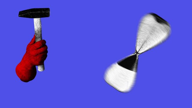 Male hand breaking sandglass over blue background. No limits, freedom. Stop motion, 2D animation. Concept of y2k fashion style, creativity, surrealism, abstract art, imagination. 