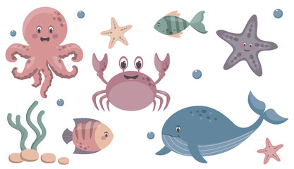 Vector set of illustrations of sea inhabitants. Octopus, fish, algae, whale, starfish, crab. Summer set of pictures. Cartoon cute sea heroes.