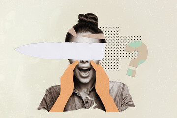 Creative strange collage of woman with blank face eyes hold hands near mouth yell ask for solving...