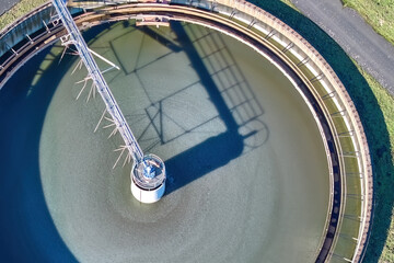 Vertical view of the municipal wastewater treatment plant. Servicing equipment, circular sedimentation tanks, water clarification, aeration of activation tanks , separation sumps and other technology.