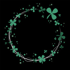 Round frame with natural pattern, shamrocks and four-leaf clovers, decorative border with empty space on a black background. Vector illustration.