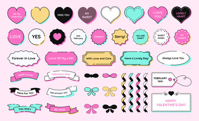 Cute Valentine's Day set of stickers, hearts, labels, badges with short phrases, ribbons, bows. Decorative romantic design elements. Vector illustration.