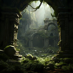 Ancient ruins overgrown with moss and vines