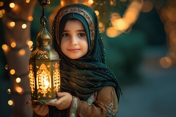 Obraz premium girl sitting with a golden lantern in her hand in Ramadan