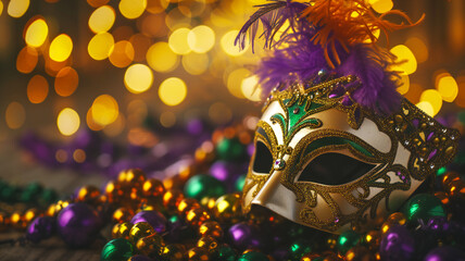 Mardi Gras carnival mask and beads - obrazy, fototapety, plakaty