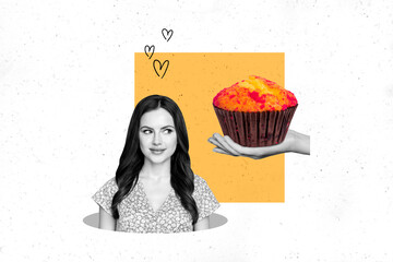 Collage pop retro sketch image of dreamy lady thinking eating tasty cupcake isolated white color...