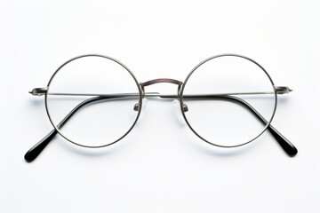 Pair of glasses with metal frame on white background.