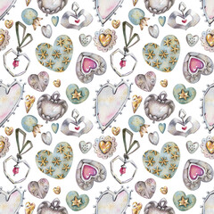 Watercolor seamless pattern with vintage hearts. Silver and blue jewelry. Background for postcards, packing paper, decor, and textiles.