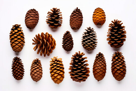 Group of pine cones sitting on top of white surface.