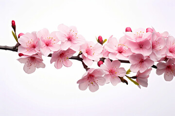 Branch of pink flowers with white background and white background.