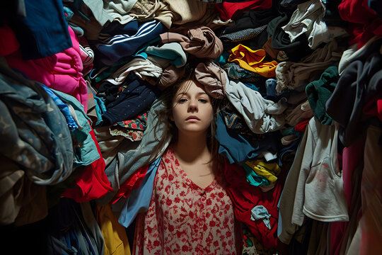A young girl is overwhelmed with a pile of clothes. Overconsumption problem concept