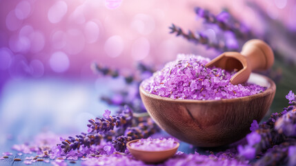 Obraz na płótnie Canvas Lavender bath salts in a wooden bowl, surrounded by fresh lavender flowers. A wooden scoop is partially submerged in the bath salts. The background has a soft focus effect with light purple hues.