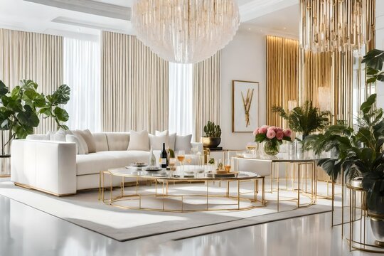 Imagine a character hosting a chic cocktail party in their trendy white living room, showcasing their impeccable home decor
